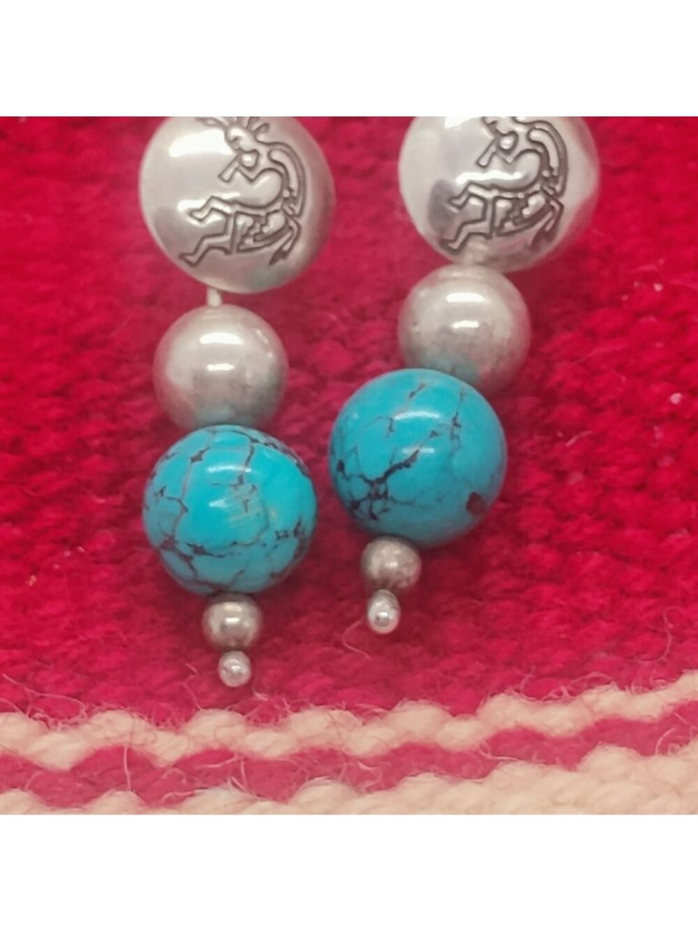 Sterling Silver Kokopelli Medallion Dangle Earrings w/Turquoise & Silver Beads - Picture 4 of 6